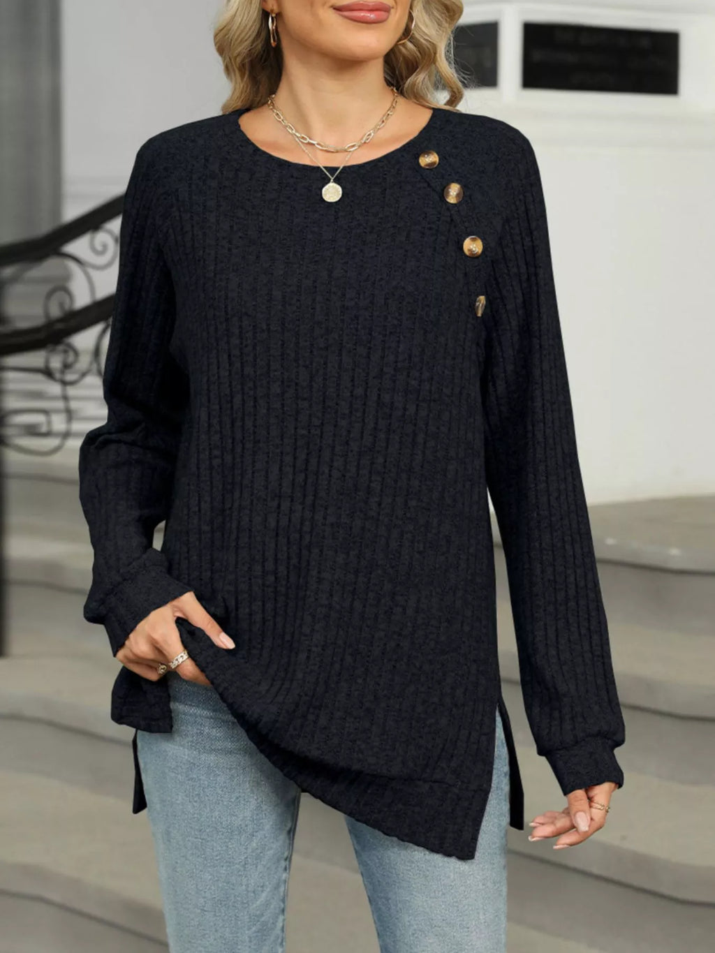Round Neck Side Slit Ribbed Knit Top with Asymmetric Button Detail - Trendsi | Lola Mariee