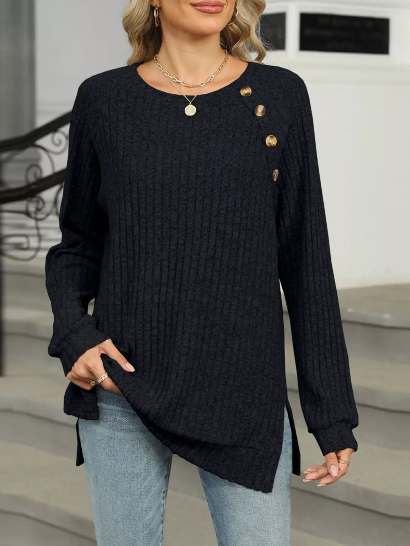 Round Neck Side Slit Ribbed Knit Top with Asymmetric Button Detail - Trendsi | Lola Mariee