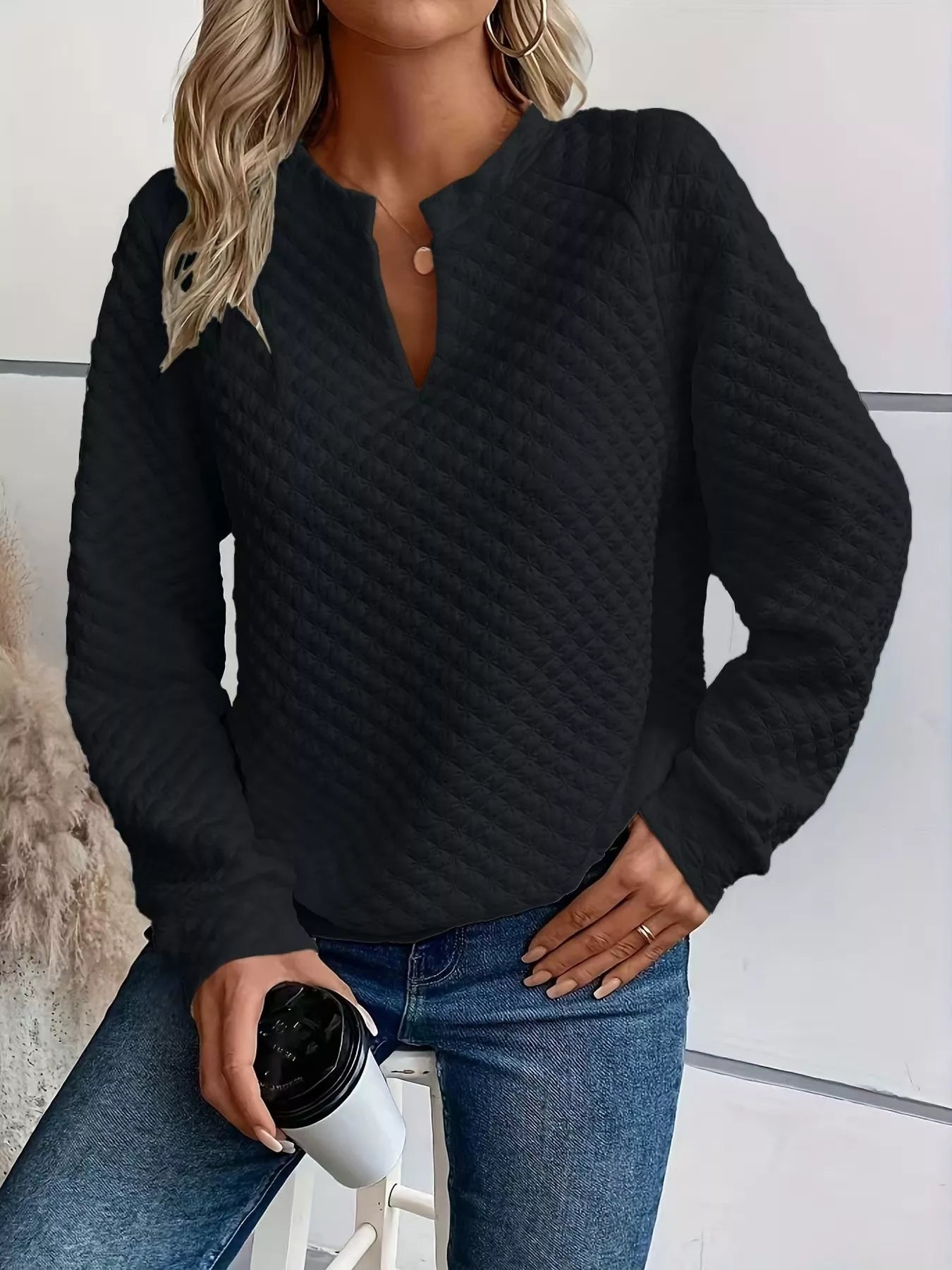 Textured Notched Raglan Sleeve Sweatshirt - Trendsi | Lola Mariee