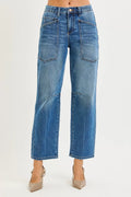 RISEN 4 Way Stretch Mid Rise Barrel Jeans with Patch Pocket Detail - LOLA MARIEE | Lola Mariee