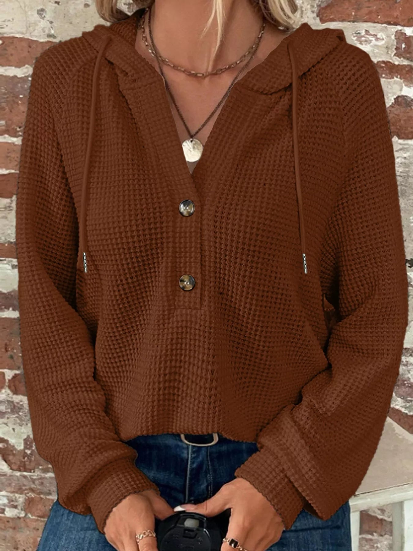 Casual Waffle Knit Button Detail Hoodie – view 6 | Lola Mariee