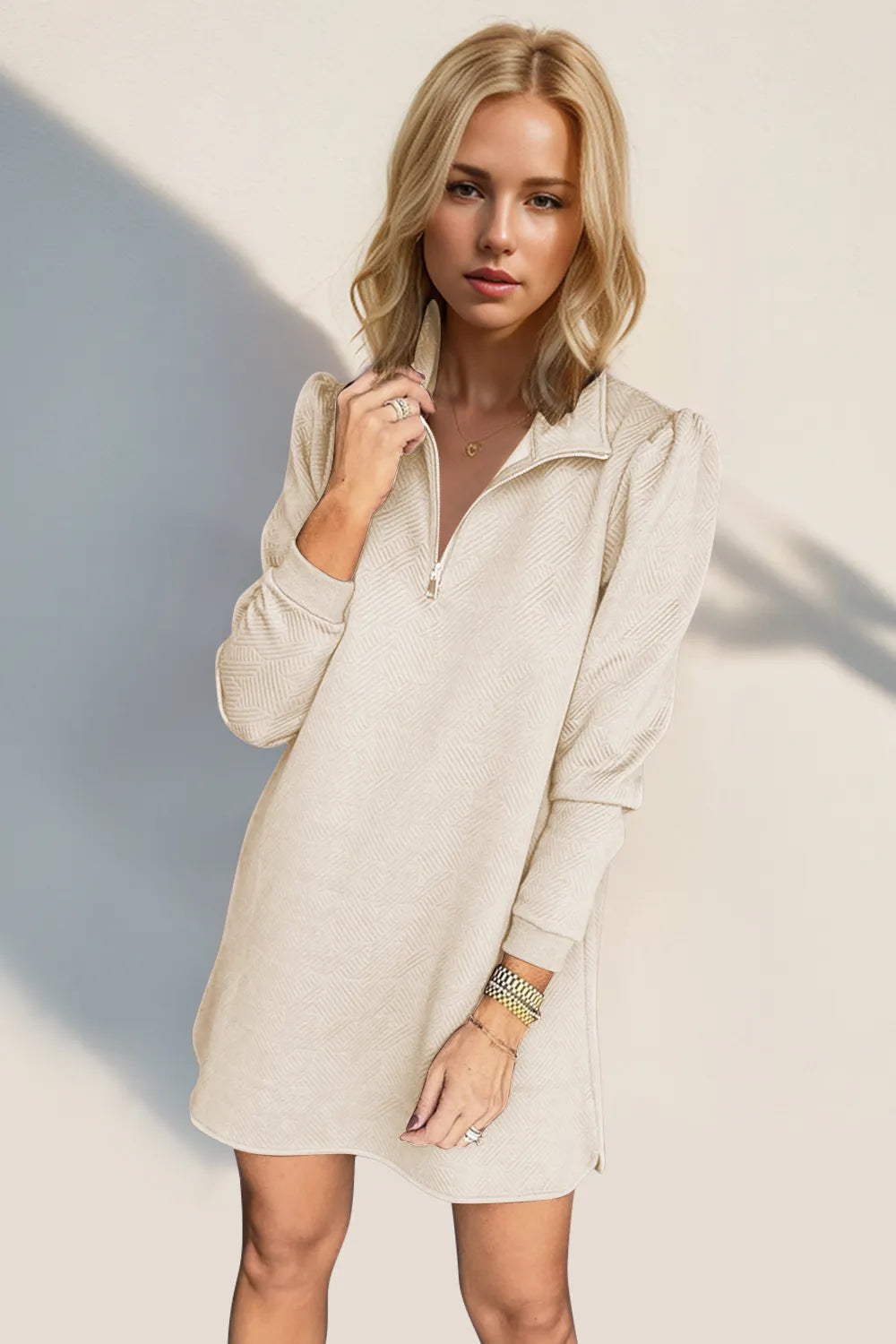 Double Take Textured Quarter Zip Long Sleeve Dress – view 6 | Lola Mariee