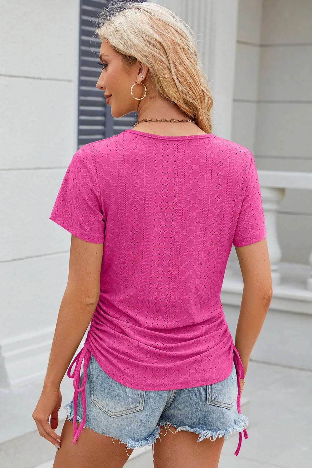 Eyelet Round Neck Short Sleeve T-Shirt - Trendsi | Lola Mariee