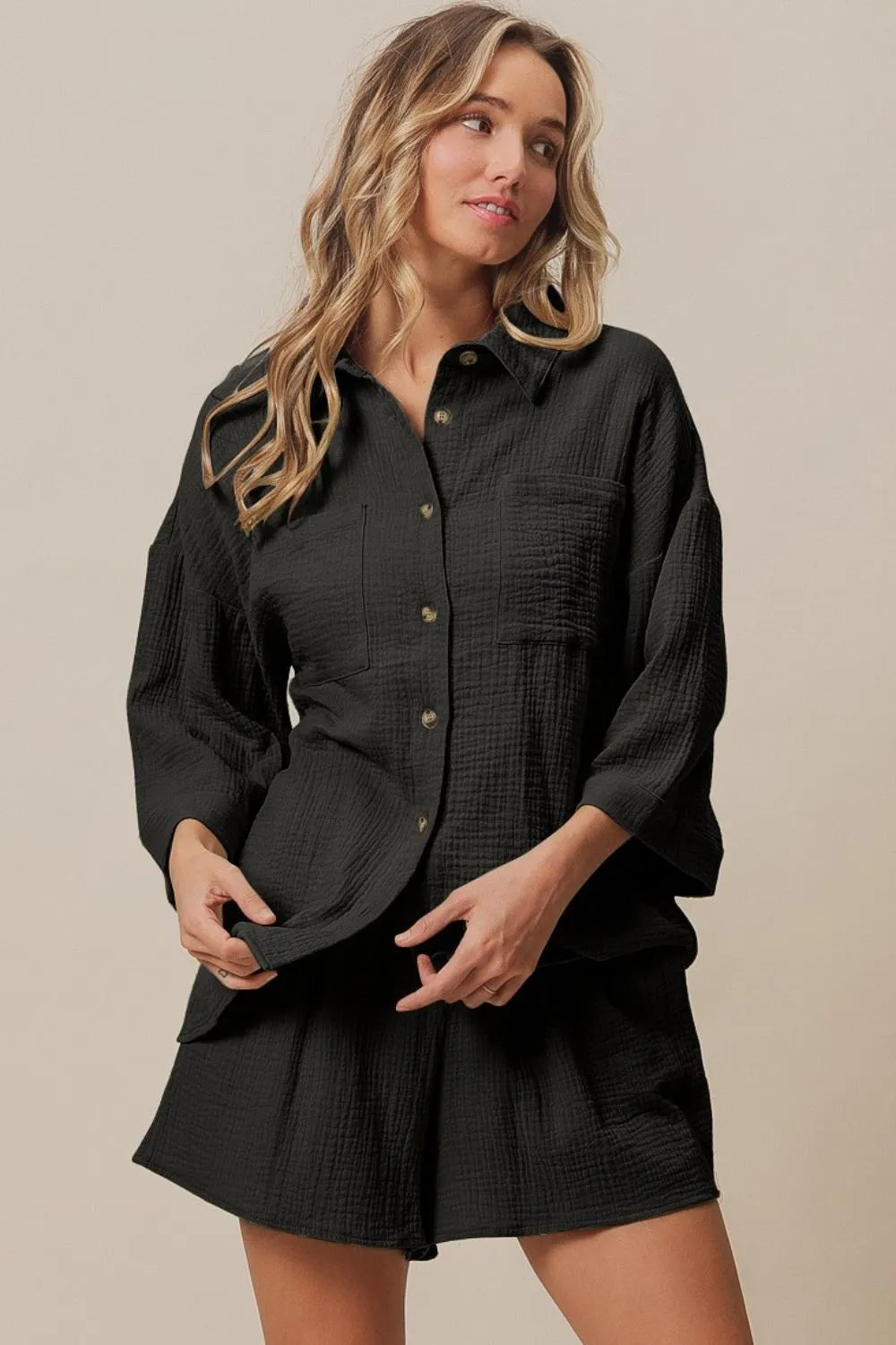 BiBi Crinkle Gauze Shirt and Short Set - Trendsi | Lola Mariee