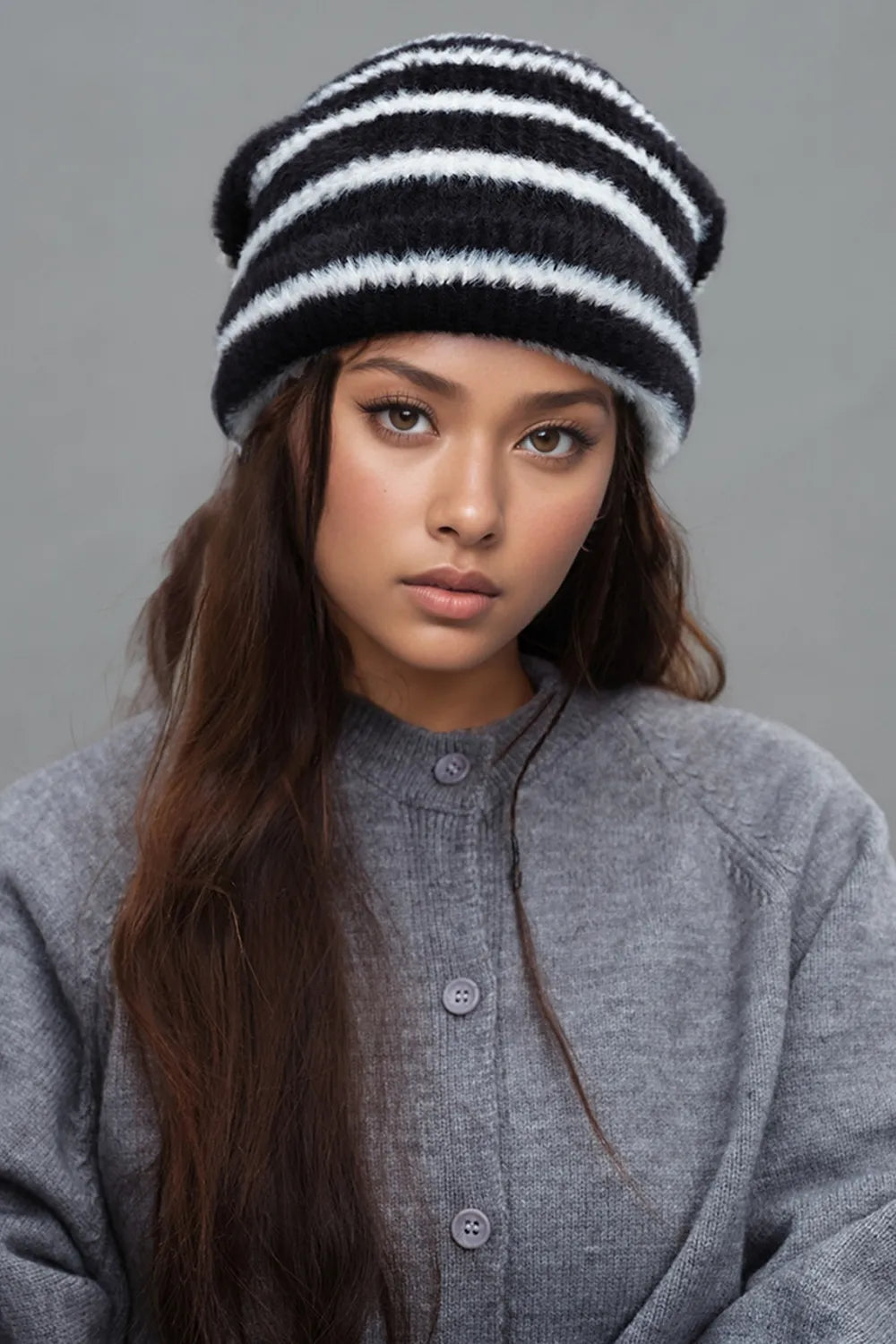 Fuzzy Contrast Striped Thermal Hat – view 4 | Lola Mariee