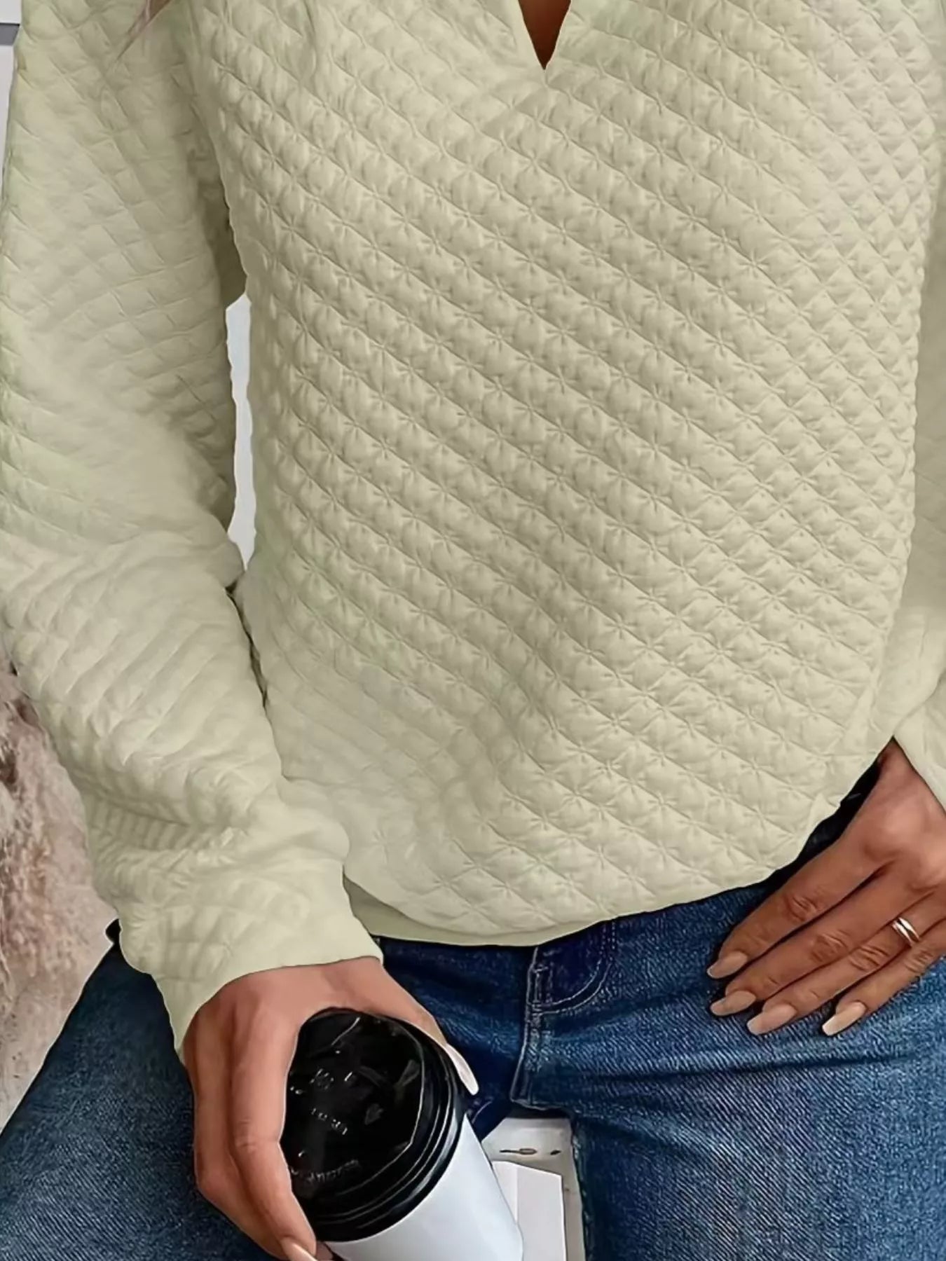 Textured Notched Raglan Sleeve Sweatshirt - Trendsi | Lola Mariee