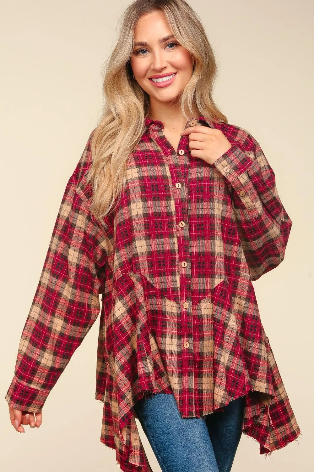 Haptics Plaid Button Down Sharkbite Shirt - women's top at Lola Mariee boutique