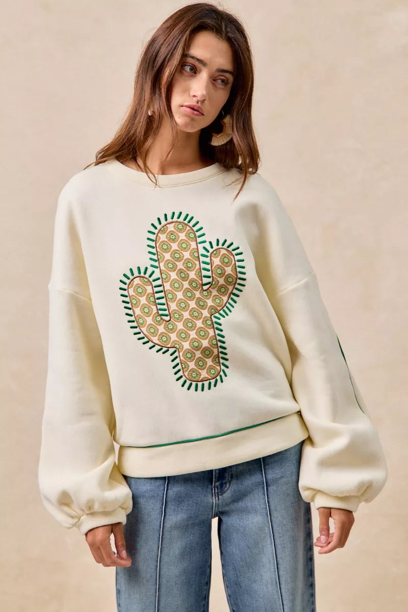 BiBi Cactus Embroidered Fleece Sweatshirt - Trendsi | Lola Mariee
