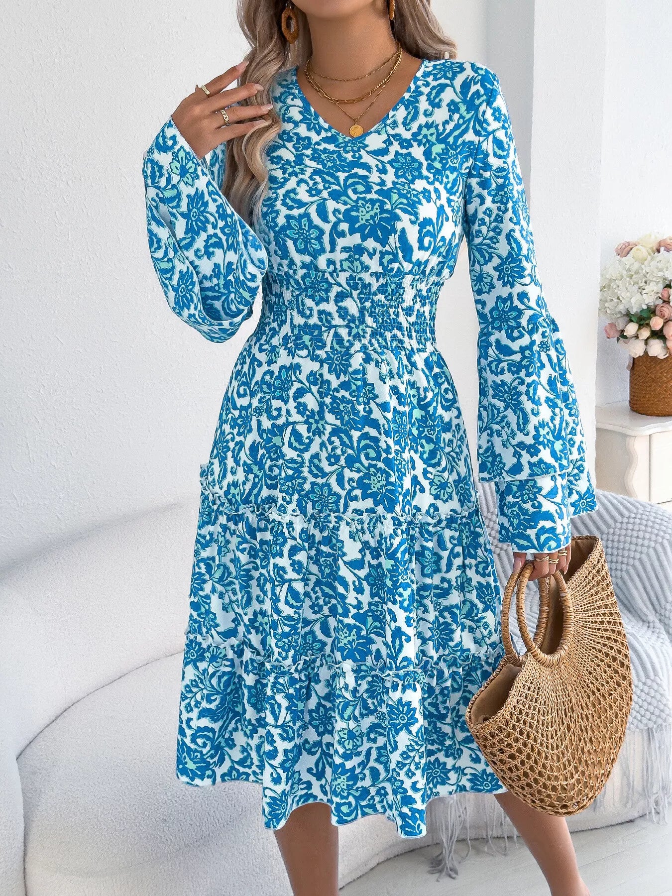Floral Print Smocked Ruffle Hem Flared Sleeve Dress – view 10 | Lola Mariee