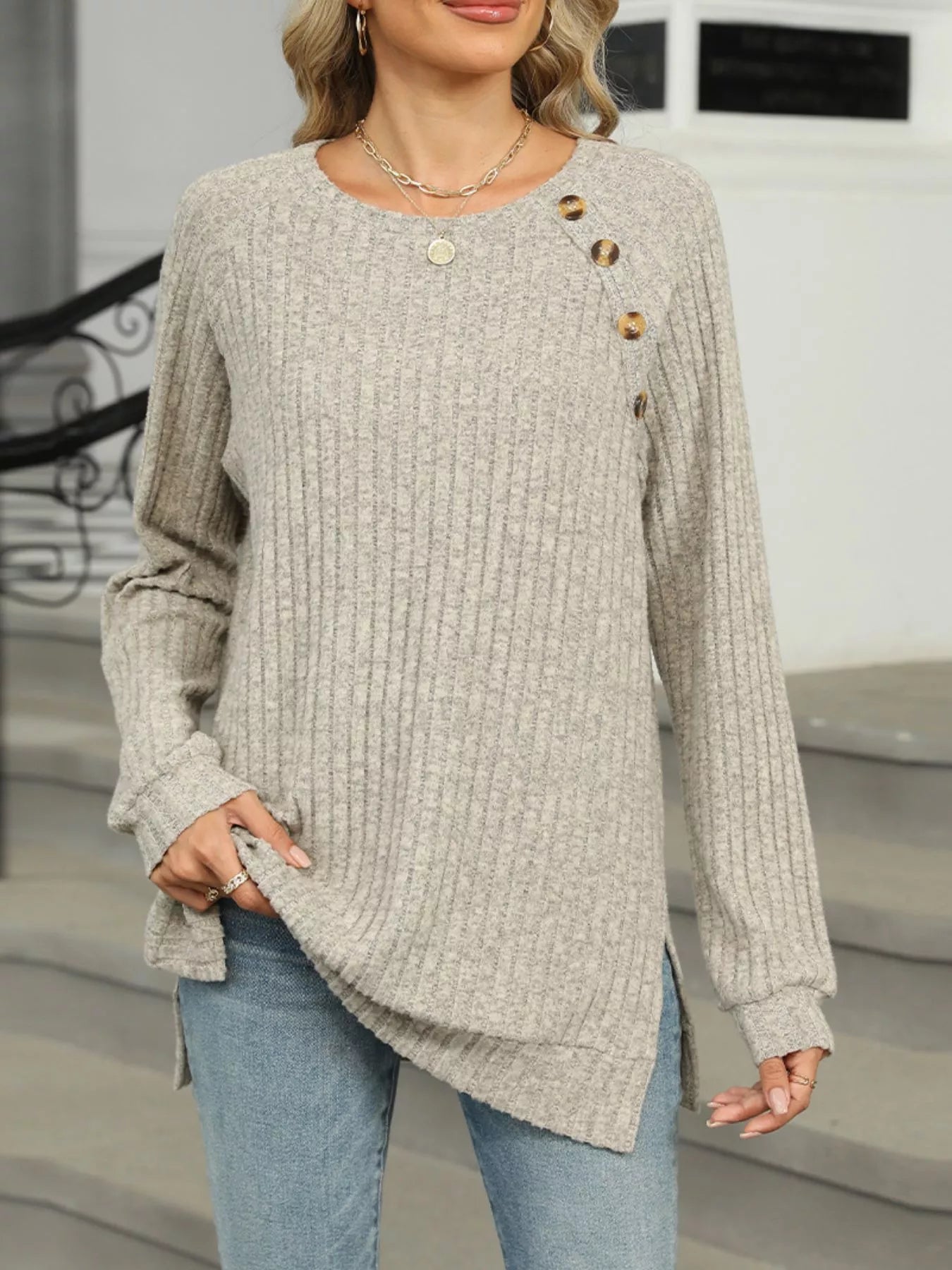 Round Neck Side Slit Ribbed Knit Top with Asymmetric Button Detail - Trendsi | Lola Mariee