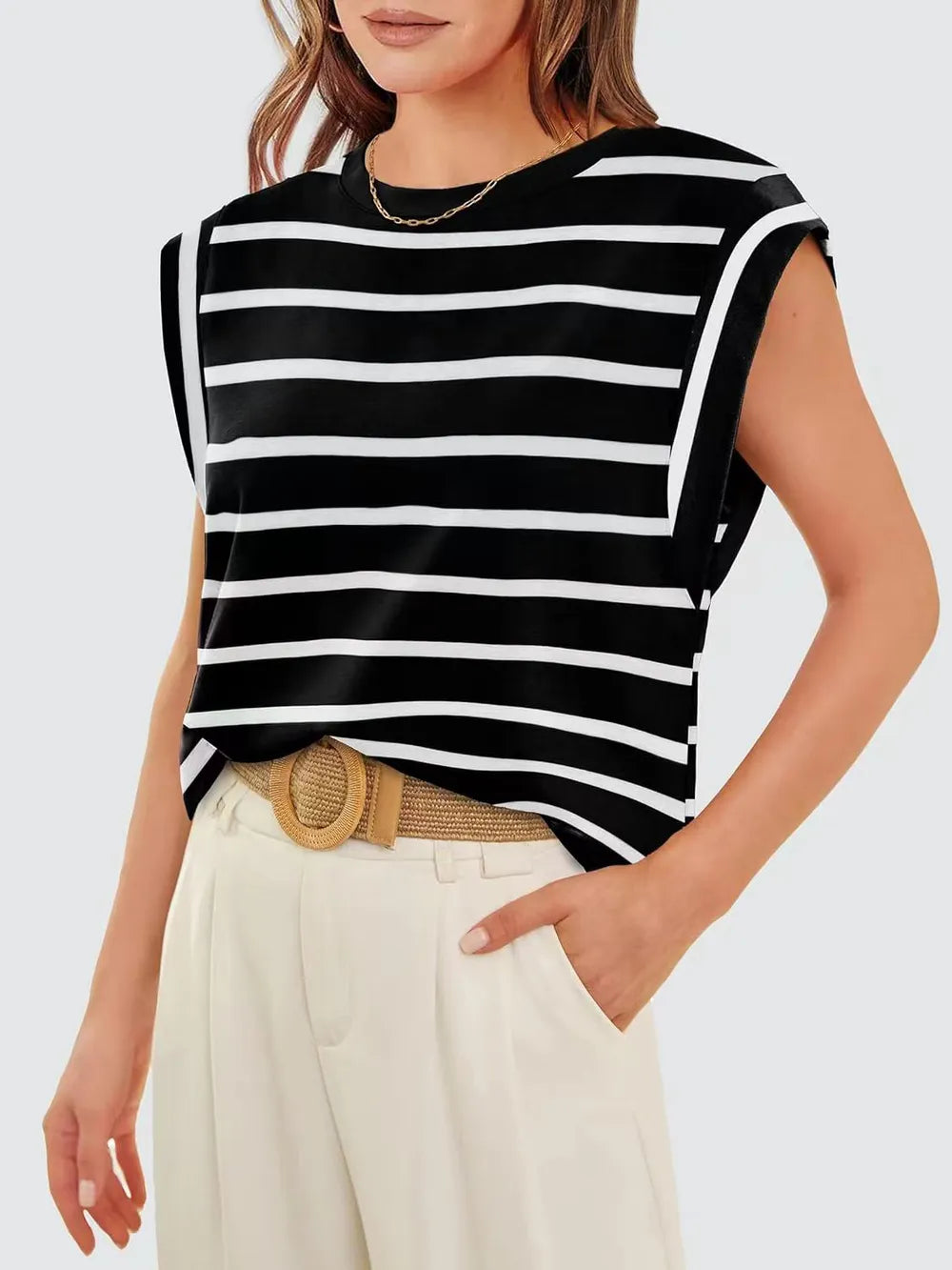 Striped Round Neck Cap Sleeve T-Shirt – view 9 | Lola Mariee
