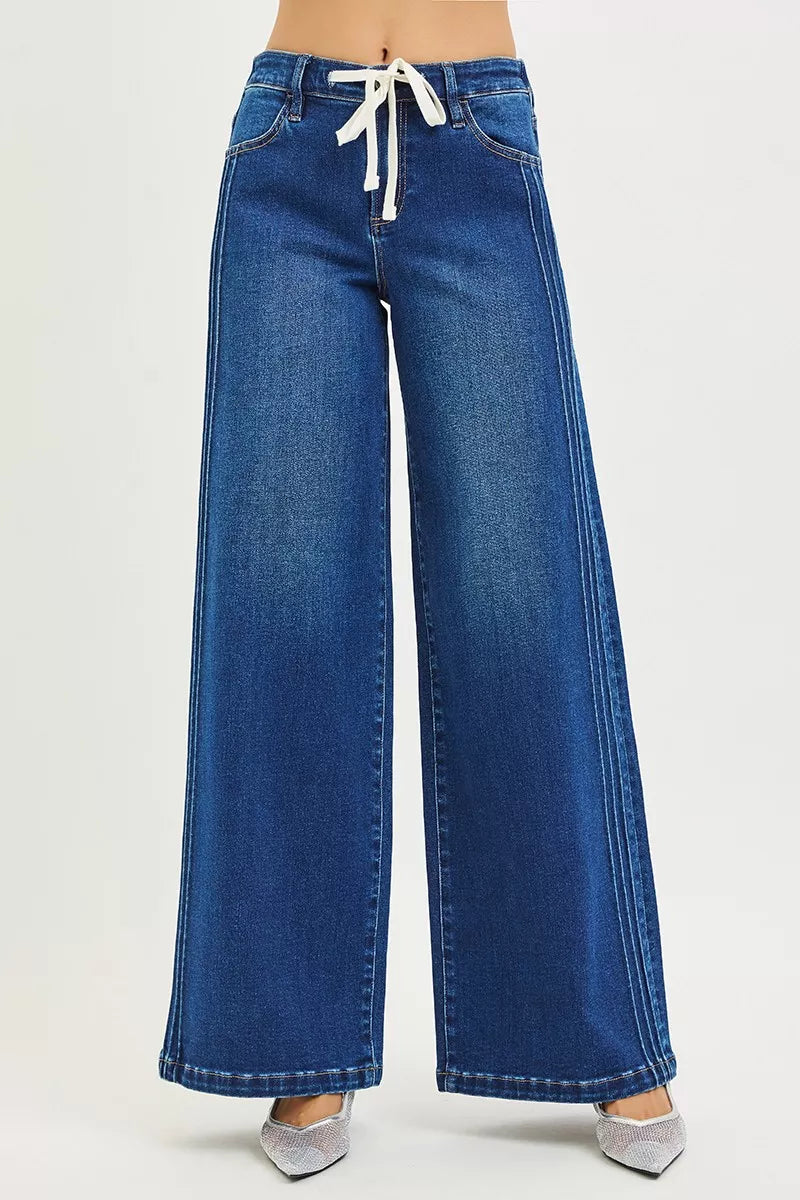 RISEN Full Size Mid Rise Wide Side Pintuck Jeans with Front Drawstring Plus Size - women's bottoms at Lola Mariee boutique