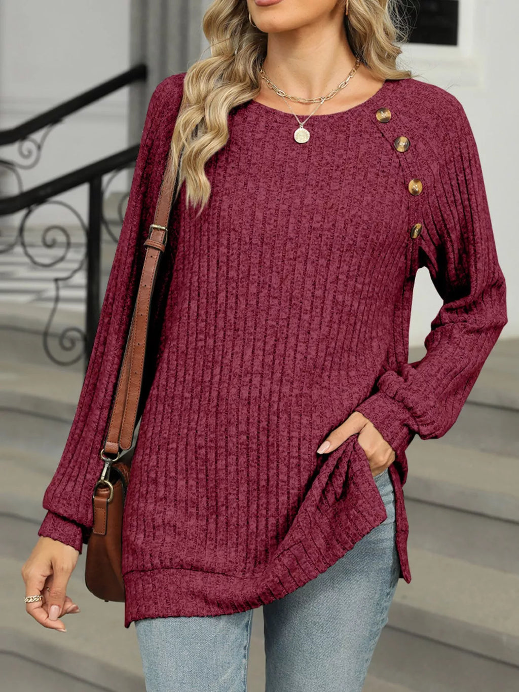 Round Neck Side Slit Ribbed Knit Top with Asymmetric Button Detail - Trendsi | Lola Mariee
