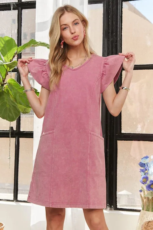 ADORA Mineral Washed V-Neck Ruffled Cap Sleeve Dress | Lola Mariee
