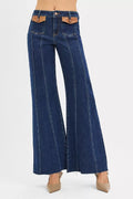 RISEN High Rise Wide Flare Jeans with Front Leather Pocket Detail - women's bottoms at Lola Mariee boutique