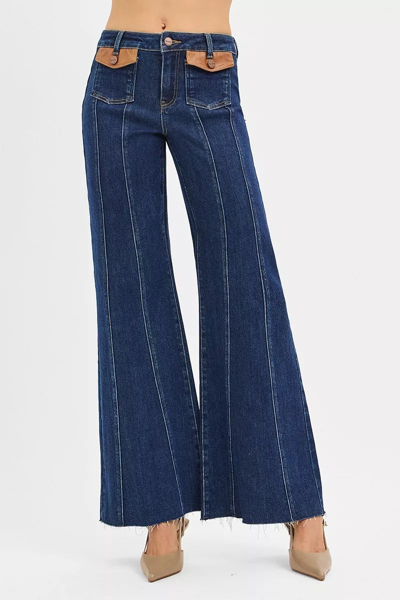 RISEN High Rise Wide Flare Jeans with Front Leather Pocket Detail - women's bottoms at Lola Mariee boutique
