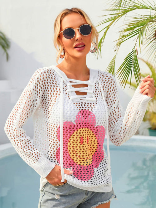 Angel Wings Flower Graphic Lace-Up Openwork Hooded Cover Up | Lola Mariee