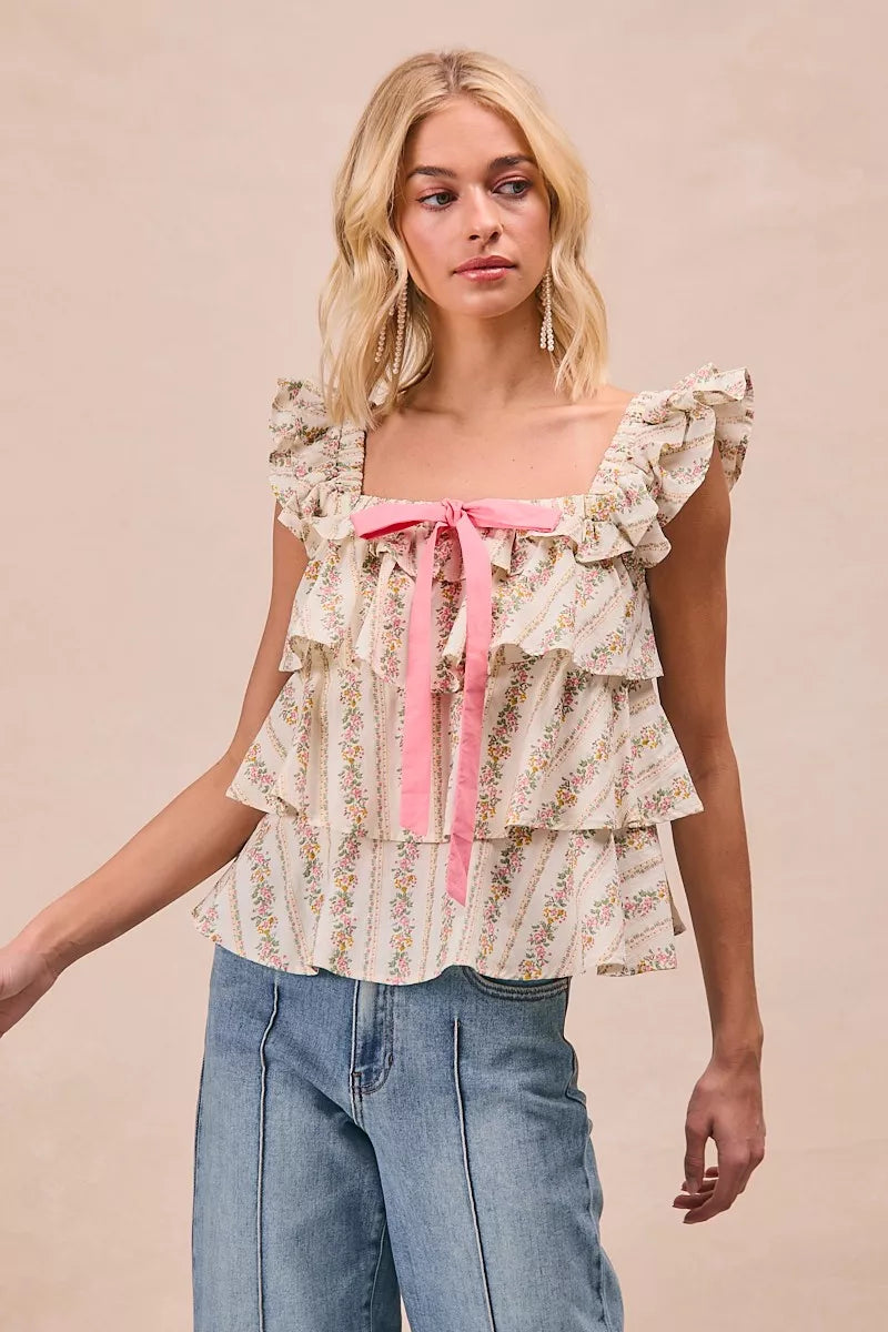 BiBi Floral Printed Woven Front Bow Tied Ruffled Square Neck Sleeveless Top - Trendsi | Lola Mariee