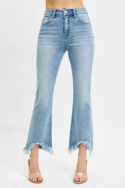 RISEN Full Size High Rise Crop Bootcut Fray Hem Jeans Plus Size - women's shoes at Lola Mariee boutique