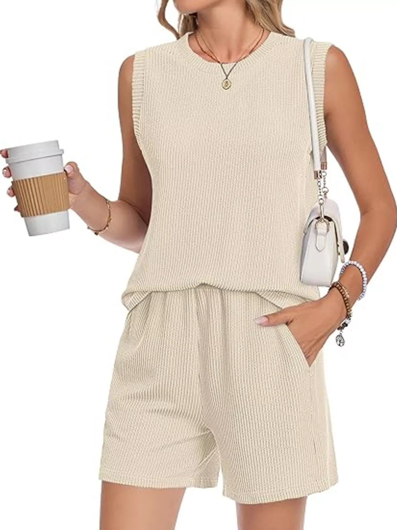 Casual Ribbed Knit Sleeveless Top and Shorts Set - Trendsi | Lola Mariee