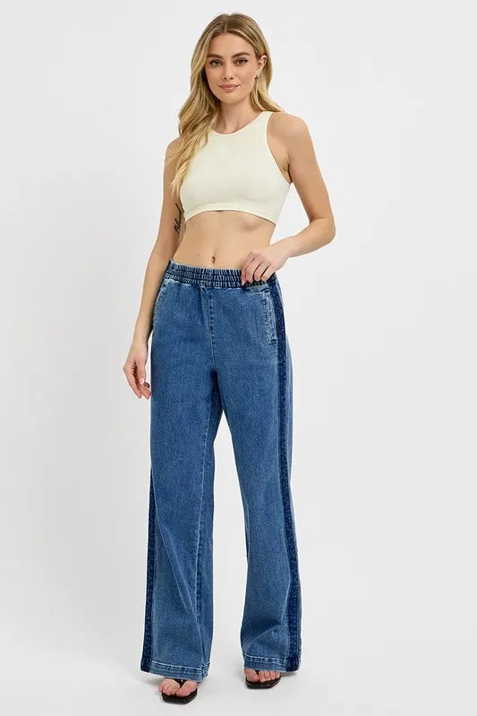 RISEN Full Size Elastic Waist Wide Leg Jeans Plus Size - LOLA MARIEE | Lola Mariee