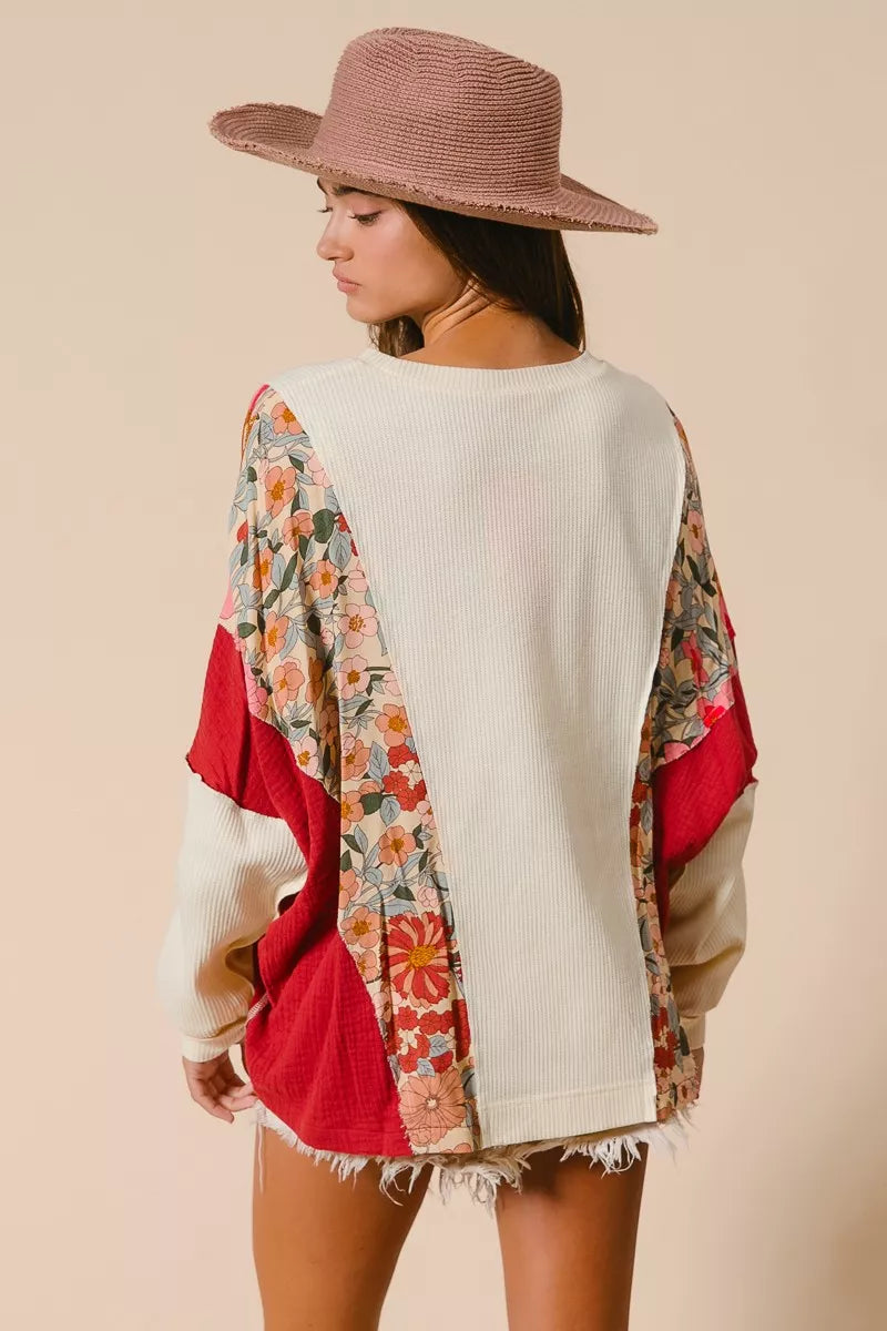 BiBi Floral Print Mixed Star Patch Round Neck Sweatshirt - Trendsi | Lola Mariee
