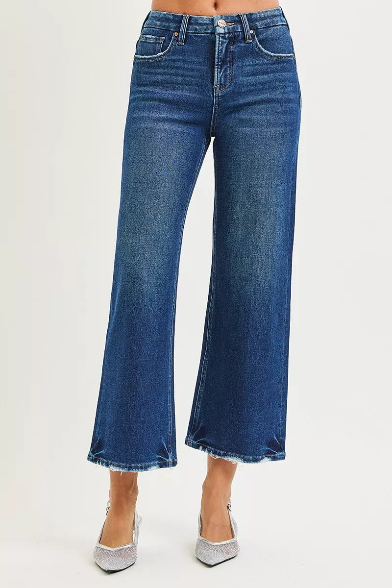 RISEN Tummy Control 4 Way Stretch High Rise Crop Wide Leg Jeans - women's top at Lola Mariee boutique