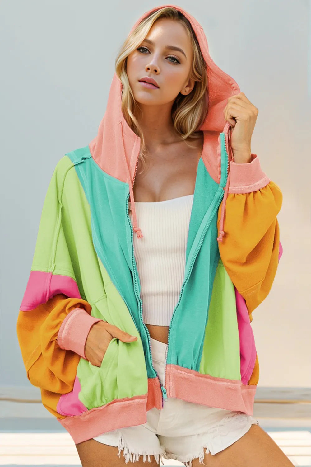 Double Take Full Size Color Block Zip Up Hoodie – view 5 | Lola Mariee