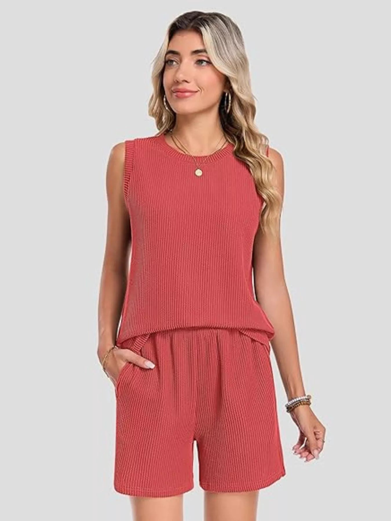 Casual Ribbed Knit Sleeveless Top and Shorts Set - Trendsi | Lola Mariee