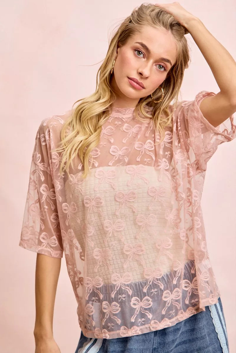 BiBi Bow Pattern Short Sleeves Boxy Mesh Top - Trendsi | Lola Mariee